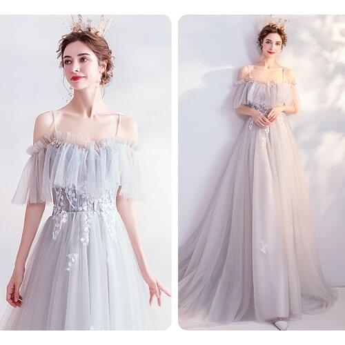 Sexy V-neck Evening Dress Robe De Soiree 2019 High Quality Grey Tulle With Applique Evening Dresses Real Photo