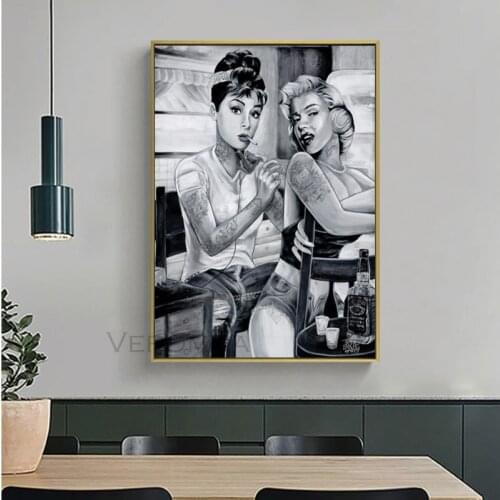 Tattoo Smoking Sexy Women Portrait Poster Art Canvas Painting Marilyn Monroe Audrey Hepburn Wall Pictures for Bedroom Decor