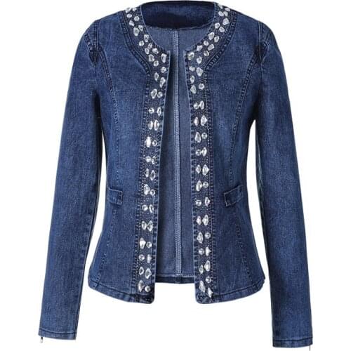 Vintage Diamonds Casual Spring 2020 Autumn New Denim Jacket Stretch Crystal Sequins Long-Sleeved Denim Coat Female Tops 862B