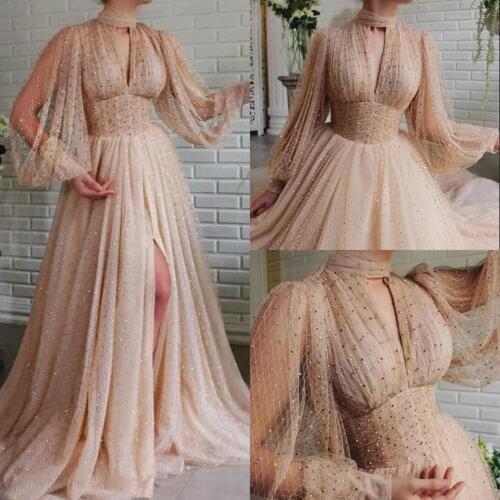 Beaded Prom Dresses 2020 Lace High NeckLong Sleeve Special Occasion Dress Party Evening Robes De Soirée Plus Size