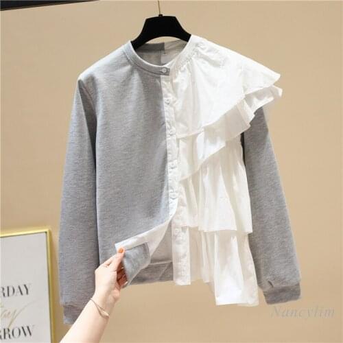 Ruffled Patchwork Sweatshirt for Women 2021 Spring New Korean Style Loose Long Sleeve Contrast Color Single-breasted Hoodies