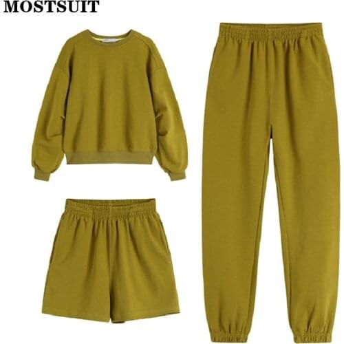 Chic Streetwear Autumn Women Tracksuits O-neck Pullovers Elastic-waisted Shorts Harem Pants Female Cotton Sweatshirt Suit 2021