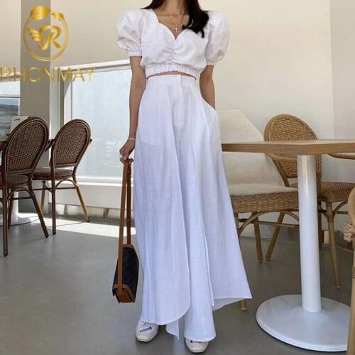 Summer New womens Puff Short Sleeve V neck Top + Elastic Waist Wide Legged Pants Solid White Pink Elegant Holiday 2 Pieces Set