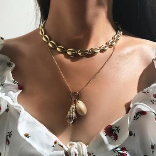 2019 New Summer Beach Bohemian Women Double Layer Sea Shell Choker Conch Pendant Necklace