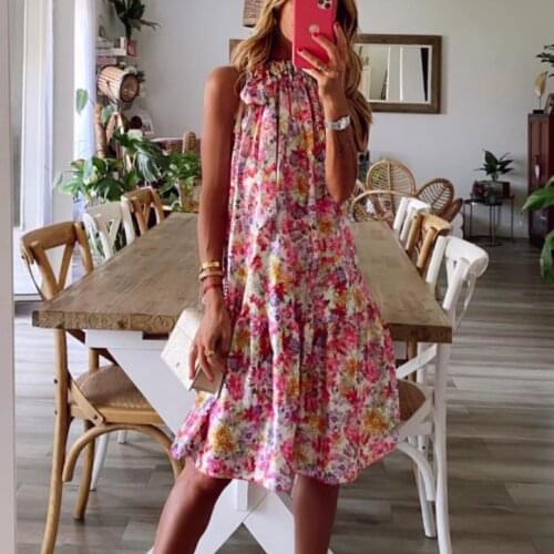 Flower Floral Halter Neck Bow Midi Dress Women Summer 2021 Casual Loose A-line Sleeveless Dresses Boho Beach Wear Vestidos