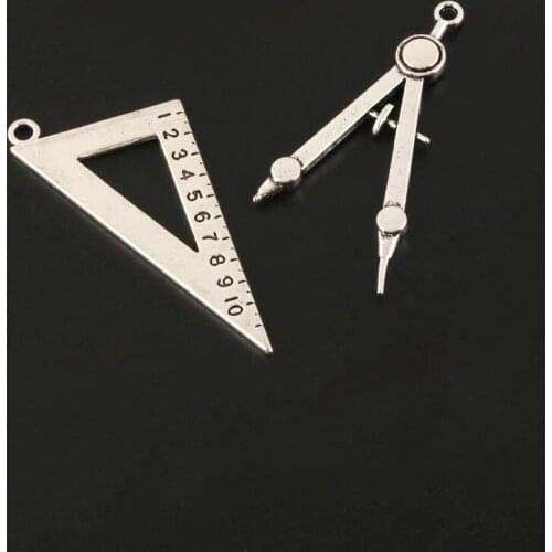 5pcs Charms School Stationery Ruler Compasses Silver Color Pendant For Making Necklace Accessories