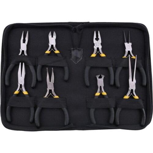 8PCs Mini Pliers Set Long Nose with Teeth, Flat Jaw, Round Curve Needle Diagonal Nose Wire End Cutting Cutter Linesman Plier