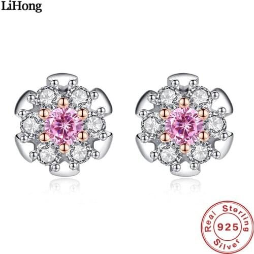 925 Sterling Silver Stud Earrings Snowflake Pink Crystal AAA Zircon Woman Earrings Jewelry Gift