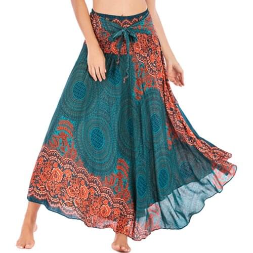 Boho Skirts Womens 2021 Beach Ethnic Flowers Elastic Skirt Colorful Patchwork rainbow Rayon Stylish Large Hem long skirt jupes