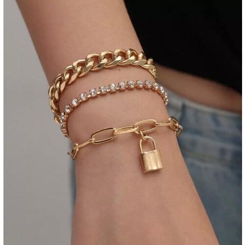Three Piece Lock Mix Chain Rhinestone Bracelet Aluminum Chain Claw Chain Womens Bracelet Fashion Retro Zinc Alloy Jewelry