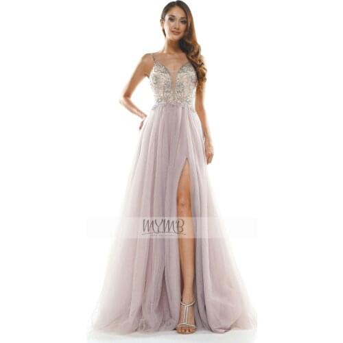 New Arrival Sleek Sexy Pink Evening Dress For Prom Graduation Strap Design Tulle Beaded A Line Flowy Prom Party Gowns High Split