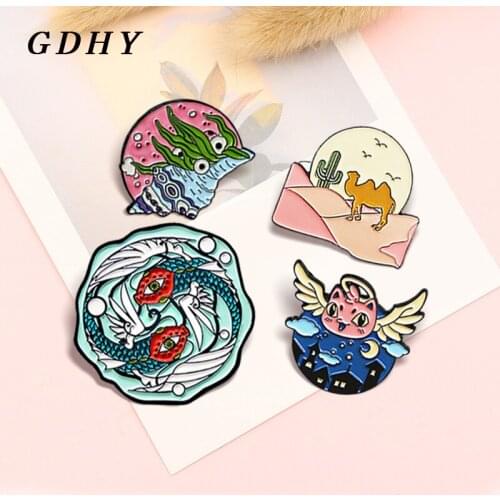 GDHY Sun Moon Enamel Pins Yin yang fish Angel spirit Conch Desert camel Brooch Bag Clothes Lapel Pin Badge Animal Jewelry Gift