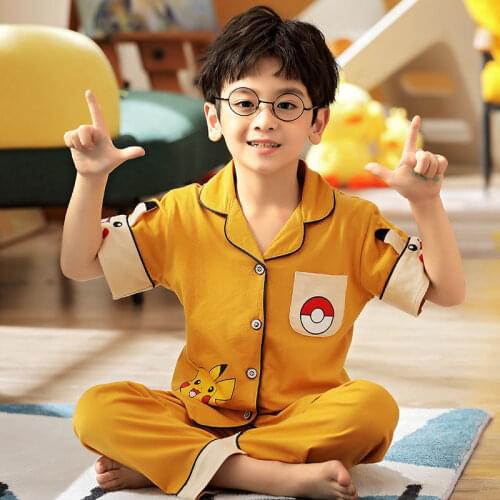 Pokemon Pikachu Cartoon Print Anime T-shirt Children Cotton Loose Comfortable Kids Boys Girls Short-sleeved Shorts Pajamas Set