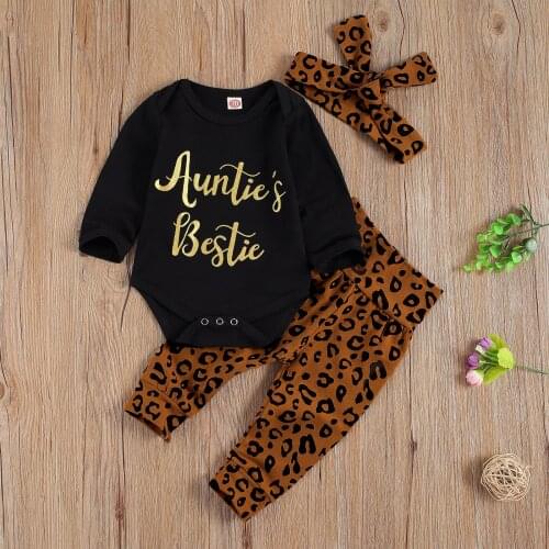 Three Piece Baby Girl Boy Clothes Set Fashion Letter Print Long Sleeve Jumpsuit and Leopard Long Pants with Headband