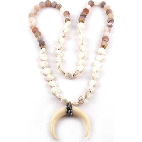 MOODPC Fashion Bohemian Tribal Artisan Jewelry Flat White Stone Druzy Ox Horn Moon Necklace For Women