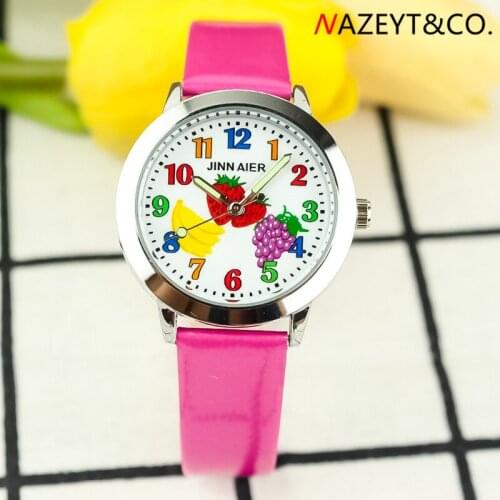 2019new fashion children PU leather watch little boys girls sweet friut face quartz dresswatch kids student luminous hands clock