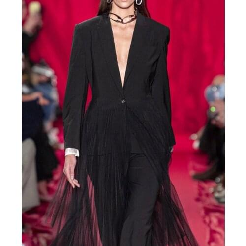 New 9.10 2021 Autumn Temperament Fashion Patchwork Mesh Single Button Long Sleeve Black Blazer Coat Women