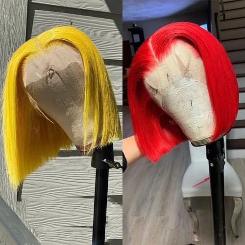 Transparent Lace Blonde Straight Bob Human Hair Wig T Part Lace Wig Brazilian #613 Yellow Orange Red Blue Lace Front Wig 180