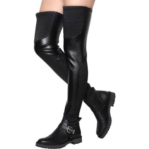 Sexy Round Toe Black Knitted Elastic Patchwork Flat Over Knee Boots Buckle Belt Long Flat Knight Boots Thigh Boots for Ladies