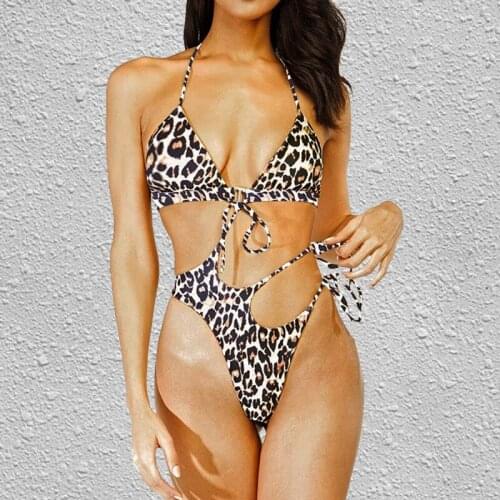Sexy Cut Out One Piece Swimsuit Women Leopard Triangle Push Up Bathing Suit String Bandage Swimwear Bodysuit Brazilian Monokini