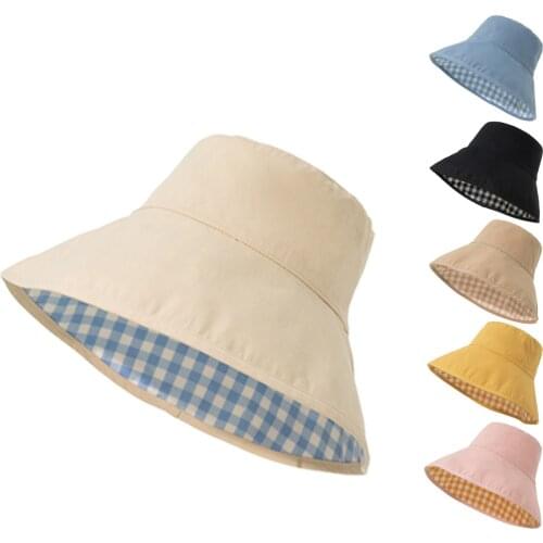 New Autumn and Summer Hat Womens Double-Sided Plaid Outdoor Casual Sun Hat Sun Protection Sun Hat Bucket Hat