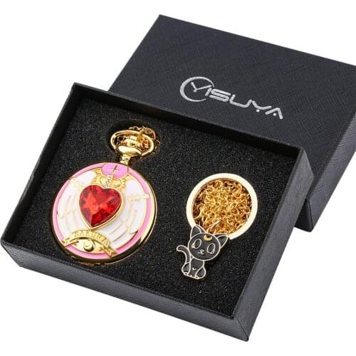 Souvenir Pocket Watch Gift Sets for Girls Charm Necklace Pendant Watch Black Cat Key Ring Anime Theme Necklace Watch Present