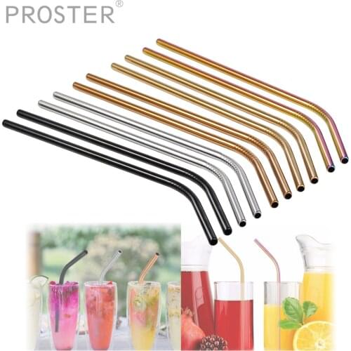 PROSTER 10 pcs for Bent Drinking Straws Stainless Steel Metal Drinking Reusable Plastic Straws bent straws with Brushes