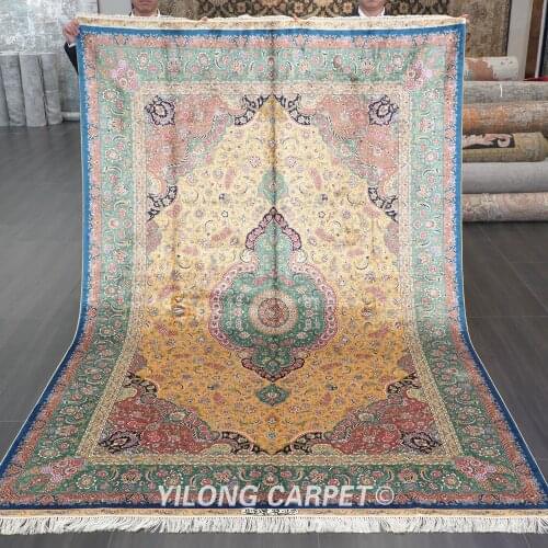 Yilong 6'x9' Hand Knotted Silk Carpet Vantage Traditional High Quality Yellow Persian Rugs (ZQG556A)