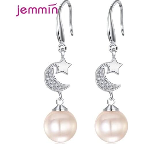 New 925 Sterling Silver Moon Star Korean Pendant Drop Earrings For Women Pearl Eardrop Piercing Shinning Crystal Jewelry Gift