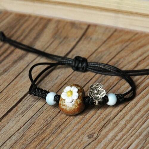 12 Pieces/Lot Simple Style Charm Bracelets For Women Ceramic Beads Flower Bracelet Adjustable Double Wax Rope Statement Jewelry