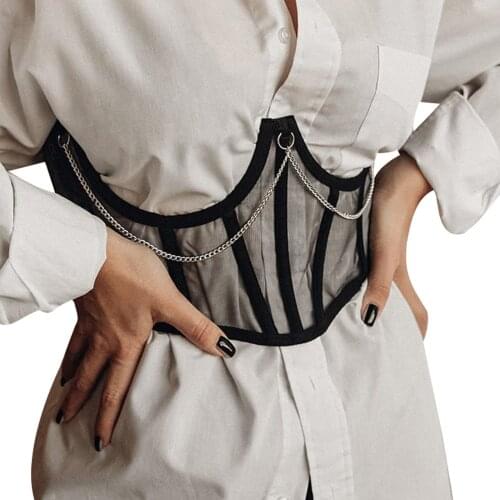 Women Waist Corset Tank Crop Tops Female Vest Top Sexy Chain Perspective Mesh Shape Wear Girdle Tank Top Summer Woman Top