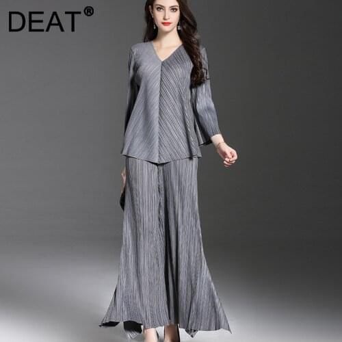 DEAT Woman Pleated Suit Solid V Collar Nine Sleeve Pullover Tops + High Waist Flare Pants Casual Style 2021 New Autumn 15XM435