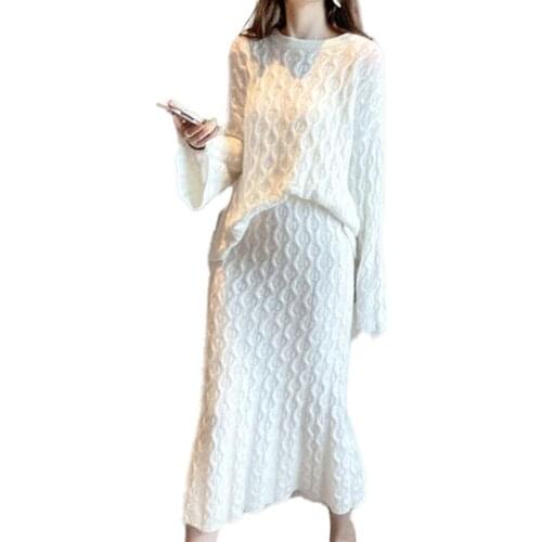 Knitted 2 Pieces Set Women Pullovers Sweater Crop Tops & Knitted Skirts Bodycon Office Lady Skirts 2PCS Suits 2021 Winter Cloth