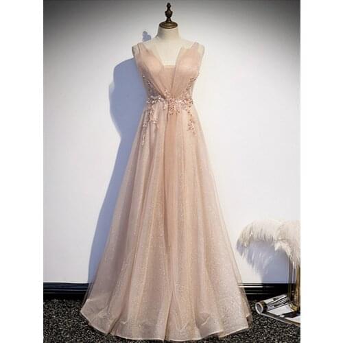 Robe De Soiree A-Line Champagne Evening Dresses Long Dress Formal Dress Vestido De Festa Appliques Sequined V-Neck Evening Dress