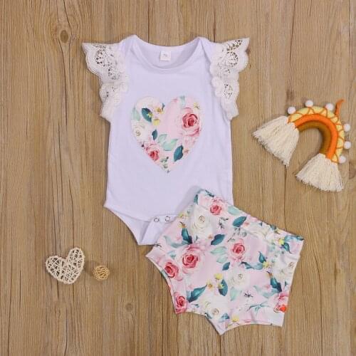 Cute Girls Clothes Sets Newborn Infant Baby Flower Printed Lace Sleeveless Romper Tops Shorts 2pcs Summer Outfits for 0-24M