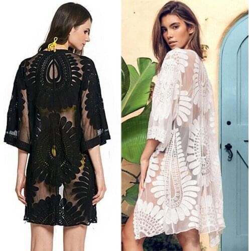 Bikini Women beach cover up Embroidery Half Sleeve Chiffon Kimono Cardigan Cover-Ups Tops Black White beach Wear