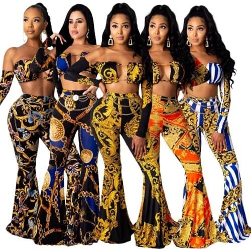 OMILKA Chain Printed Pant 2020 Autumn Women High Waist Elastic Sexy Club Party Skinny Flare Full Pants Lady Trouser