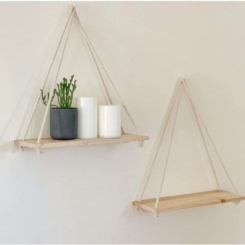 Wooden Rope Swing Wall Hanging Plant Flower Pot Tray Mounted Floating Wall Shelves Nordic Home Decoration Moredn Simple Design