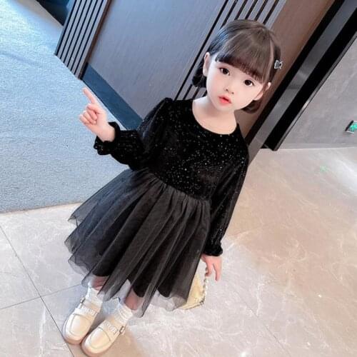 Baby Girls Gold Velvet Long Sleeve Dress 2021 Autumn New Arrival Mesh Princess Dress Elegant Party Ball Gown Kids Dresses 1-7Yrs