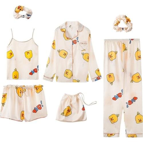 IZICFLY Summer Autumn New Style white print women pajama set Full Nightgown pyjama femme sleepwear home clothes-7 Pieces