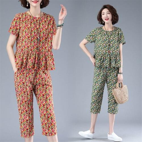 Fashion Flowers Printed Women Tracksuit Casual T-shirts + Pants Lady Clothing Suit Size M-5XL korean Style Summer Lady Sets