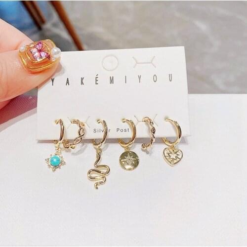 Trendy 6pcs Turquoise Heart Snake Hanging Earrings Ear Cuff Gold Color Plated Women Earrings Set Jewelry