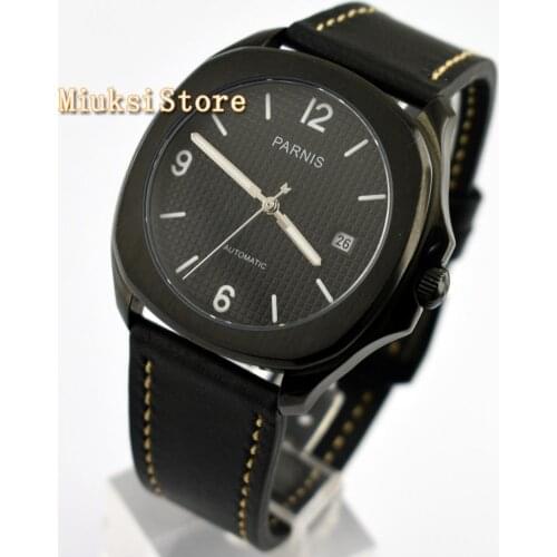 Parnis 40mm mens luxury top mechanical watch PVD black case brushed bezel black dial miyota automatic waterproof watches