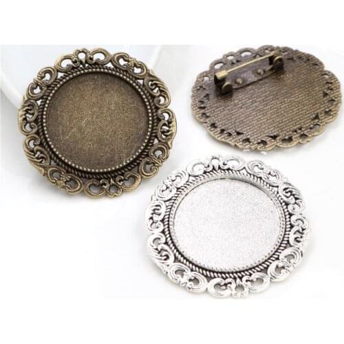 New Fashion 5pcs 25mm Inner Size Antique Silver Plated Bronze Colors Brooch Baroque Style Cabochon Base Setting