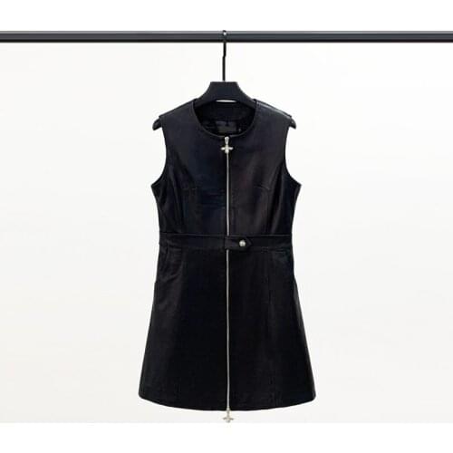 New Style Leather Dress Womens Mid-length Sleeveless Sheepskin Leather Skirt Slim Round Neck A-line Skirt