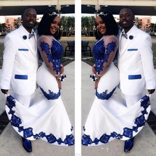 New White Satin Royal Blue Lace Aso Ebi African Prom Dresses Long Illusion Sleeves Applique Evening Formal Pageant Celebrity Gow