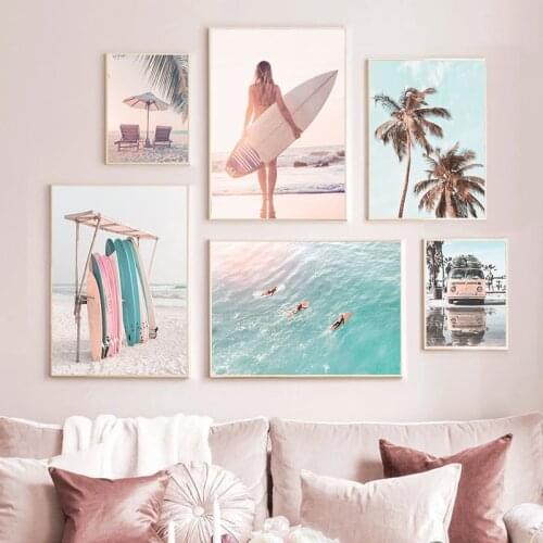Nordic Summer Coastline surf Canvas Poster Print Sunny Beach Bus Palm Trees Wall Art Painting Landscape Pictures For Living Room
