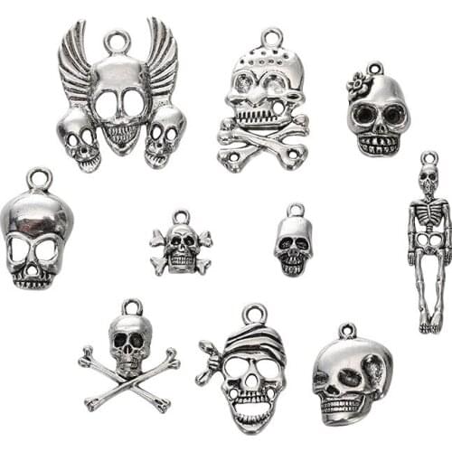 QIBU 20pcs Metal Skull Accessories Halloween Party Decoration Baby Silver Alloy Gifts Crafts DIY Necklace Keychain Materials