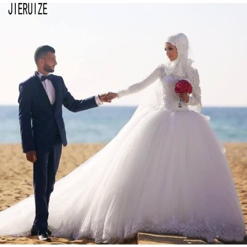 JIERUIZE Luxury Tulle Musilm Wedding Dresses High Neck Long Sleeves Lace Appliques Bridal Gowns vestido de noiva Bride Dresses