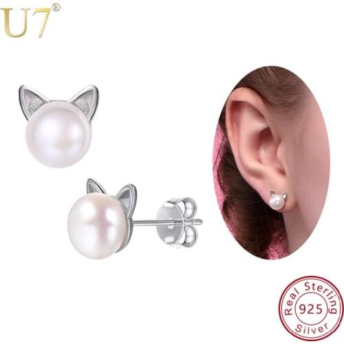 U7 925 Sterling Silver Cute Earrings Cat Stud Earings Women Wedding Jewelry Natural Freshwater Pearl Earrings Mothers Gift SC02